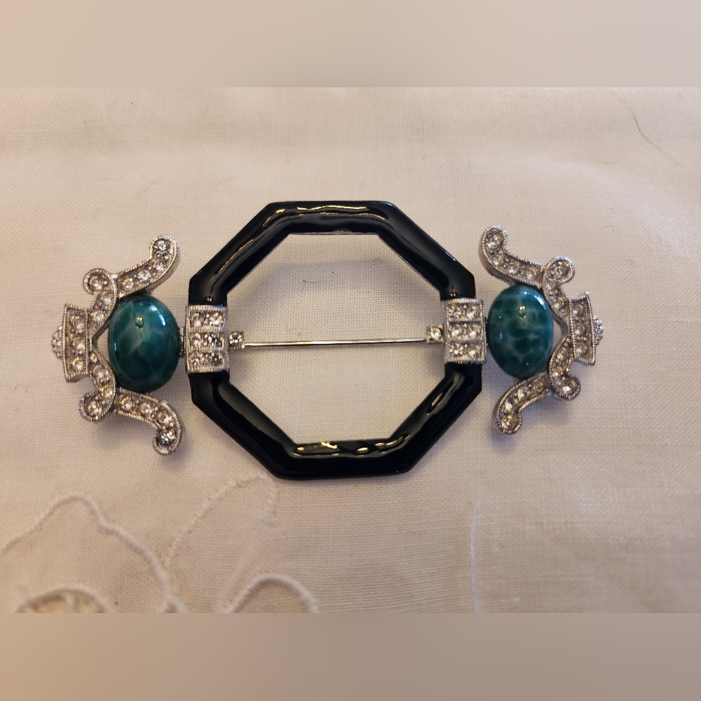 Art Deco 89 Brooch, Green, Black, Silver Tone, Octagonal, Geometric Jabot EUC